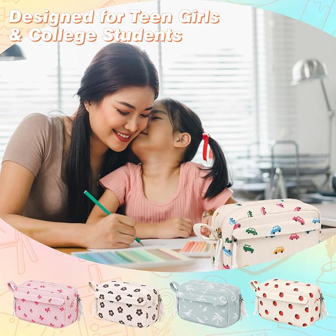 Big Capacity Pencil case,Soft Corduroy Pencil Bag with 3 Compartment,Pencil Pouch School Supplies Cute Pencil Box Pencil Bag for Teen Girls Boys College (Colorful Car)