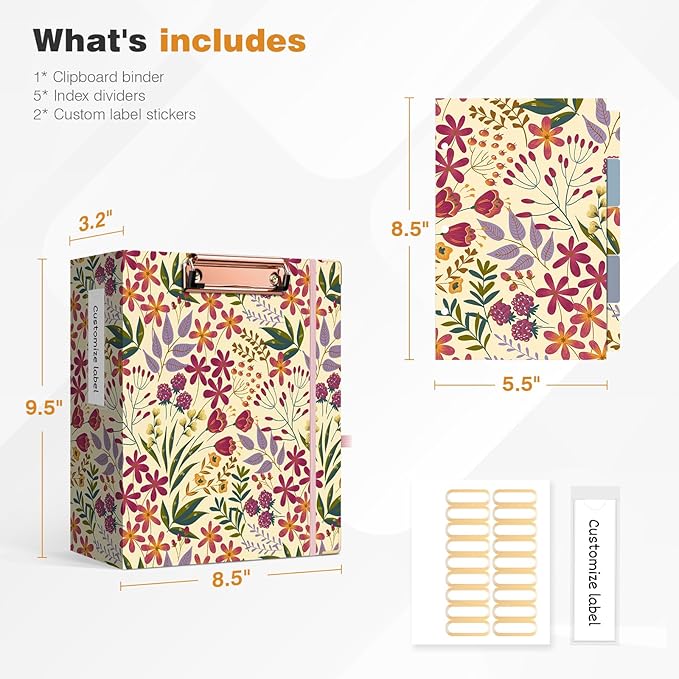 Ospelelf Mini 3 Ring Binder, 2 Inch, Cute Floral Binder for 5.5" x 8.5" with 5 Tab Dividers, File Folder Labels and Low Profile Clipboards