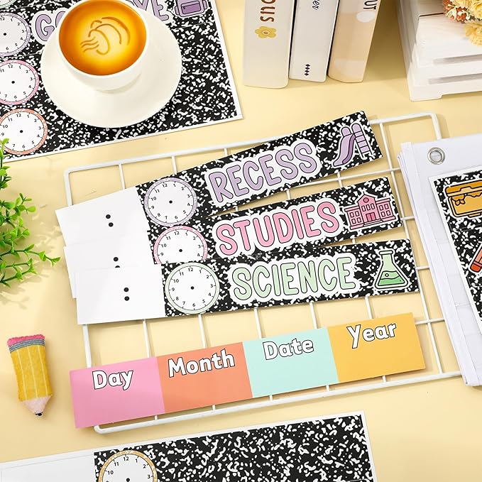 JarThenaAMCS Composition Notebook Daily Schedule Pocket Chart 13 x 35.5 In Back to School 13 + 1 Pocket Visual Schedule Chart Board with 24 Card for Classroom Home Office Supplies