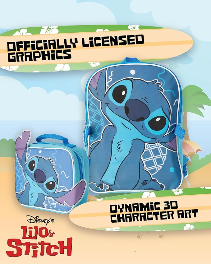Fast Forward Stitch Kids Backpack and Lunch Box Set - 14 Inch Boys & Girls Backpack with Lunch Box for Preschool Kindergarten, Stitch Blue