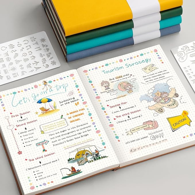 AHGXG Dotted Journal - 320 Pages Dot Grid Notebook B5 Large Journal, 100gsm Thick Dotted Paper, Leather Softcover, with Journal Stencils, Inner Pocket, 7.6'' X 10'', Cyan