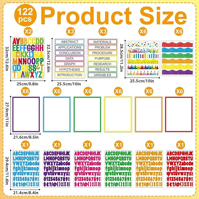 122 Pcs Science Fair Board Supplies 72 Glitter Colorful Pencil Trim Scalloped Borders 36 Presentation Board Subtitle 6 Self Adhesive Project Title 8 Letter Sticker for Classroom Office Decor(Colorful)