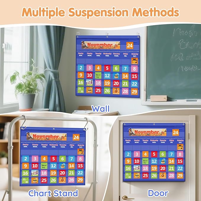 Classroom Calendar Pocket Chart with 88 Cards - Ideal for Homeschool, Classroom & Office, Durable Nylon Wall Hanging Calendar for Early Learning (Blue)