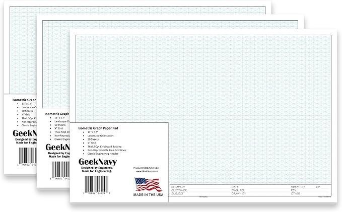 GeekNavy 11" x 17" Isometric Graph Paper 50 Sheets Landscape - 0.25" Grid, Non-photo Blue, High Brightness, Drafting, Engineering, Art, 3D Design (3-Pack)