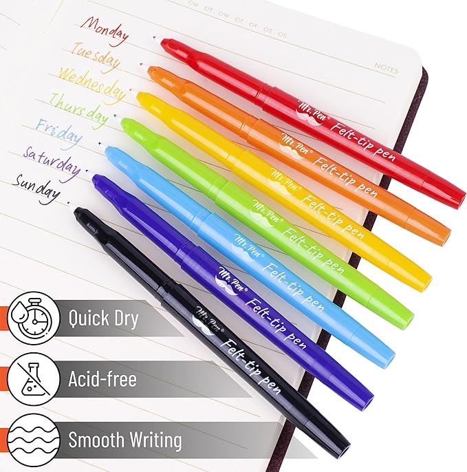 Mr. Pen- Felt Tip Pens, 16 Pack, 0.7 mm, Colorful Felt Tip Pens, Fast Dry, No Smear, Planner Markers for Underlining, Writing, Drawing, Journaling Supplies