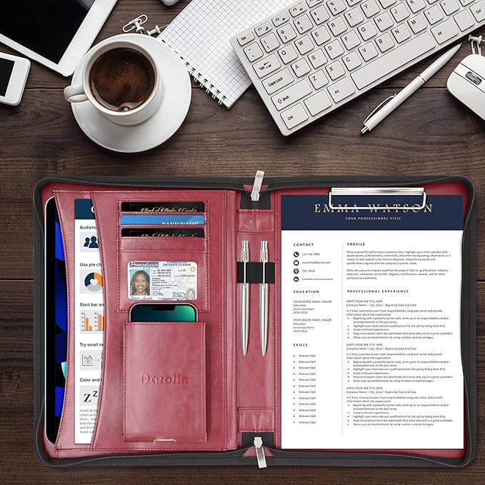 Darolin Vegan Leather Padfolio Portfolio with Handle & Clipboard, Zippered Business Portfolio Organizer for Meetings, Interviews & Travel, Fits A4 & Letter Size, Padfolio for Men Women (Redwine)