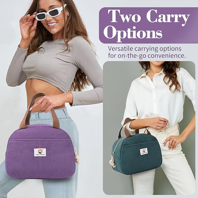 CaCTOUR Lunch Box Lunch Bag for Women Girls Teens, Cute Lunch Box Cooler Bag, Portable Small Insulated LunchBox Reusable Corduroy Lunch Tote for Work/Travel/Picnic/School (Purple)