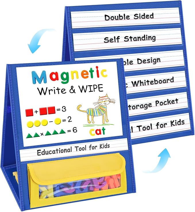 EAMAY Magnetic Desktop Tabletop Stands Pocket Chart Foldable Small Dry Erase Board Classroom Tool for Kids Education (12W*15L, Magnetic)