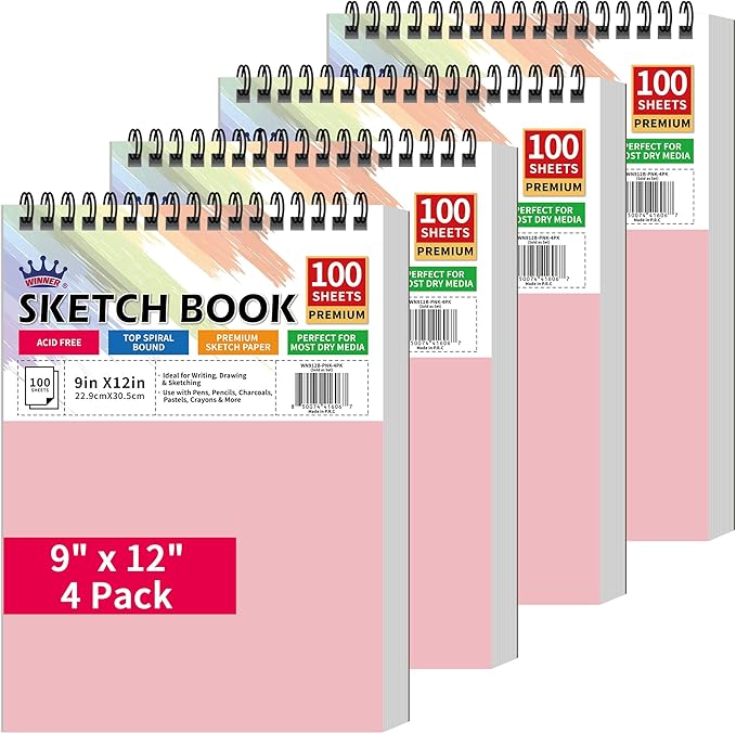 WINNER 9" x 12" Sketch Book 4 Pack, 400 Sheets Spiral Bound Art Sketchbook, 68lb/100gsm White Acid Free Drawing Pad, Sketching Drawing Writing Sketch Pad for Kids, Adults, Art Supplies, Pink