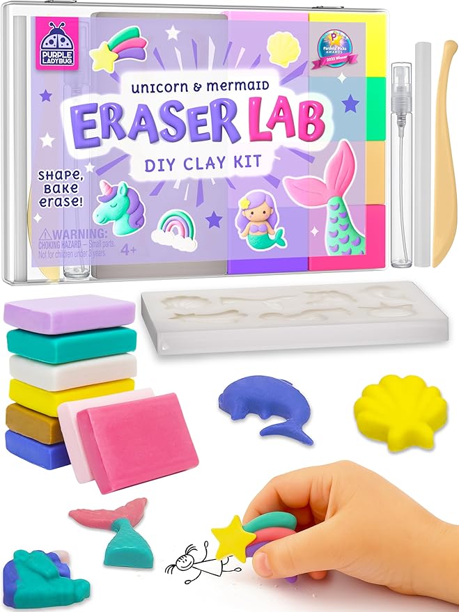 PURPLE LADYBUG Eraser Lab Mermaid & Unicorn Eraser Making Kit - Birthday Gift for Girls Ages 5-10, Make Your Own DIY Clay Eraser Kit, Gift for 7 Year Old Girl, Back to School Supply