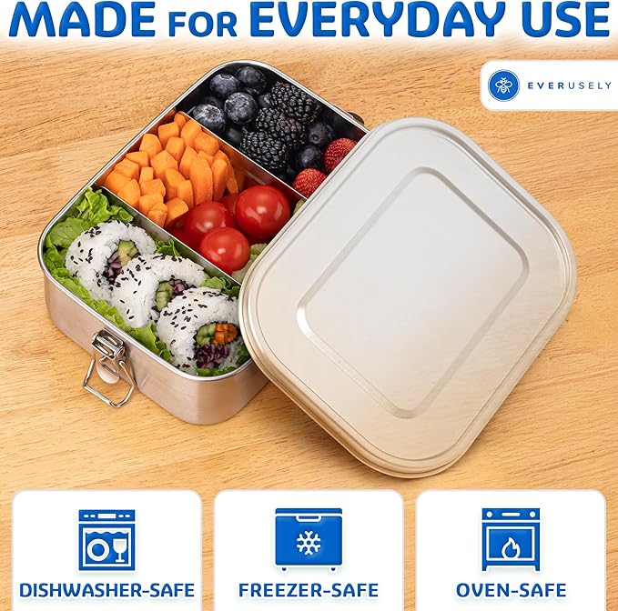 Everusely - Stainless Steel Lunch Box - 40 oz / 1.2 L, 2 Adjustable Dividers - Leakproof Snack and Salad Bento Containers for Adults - Food Storage Boxes with Lids for Work, Picnics, Travel