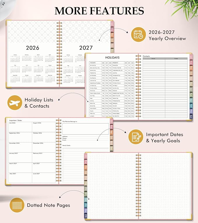 Academic Planner 2026-2027, Hardcover Leather Weekly and Monthly Calendar Planner from July 2026 - June 2027, A5 6.1" x 8.2" Daily Agenda with Tabs, College School Organizer for Student Teacher, Pink