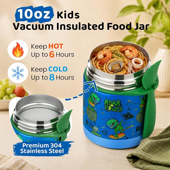 10oz Soup Thermo for Hot Food Kids Insulated Food Jar,Thermo Hot Food Lunch Container, Width Mouth Stainless Steel Lunch Box for Kids with Spoon (Blue-dinosaur)