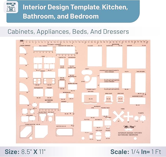Mr. Pen- House Plan, 3 pcs, Interior Design and Furniture Templates, Clear Flexible Plastic, Drafting Tools, Ruler Shapes for Architecture, 1/4 Inch Scale, Kitchen, Bath, Bedroom, Office, Living Room