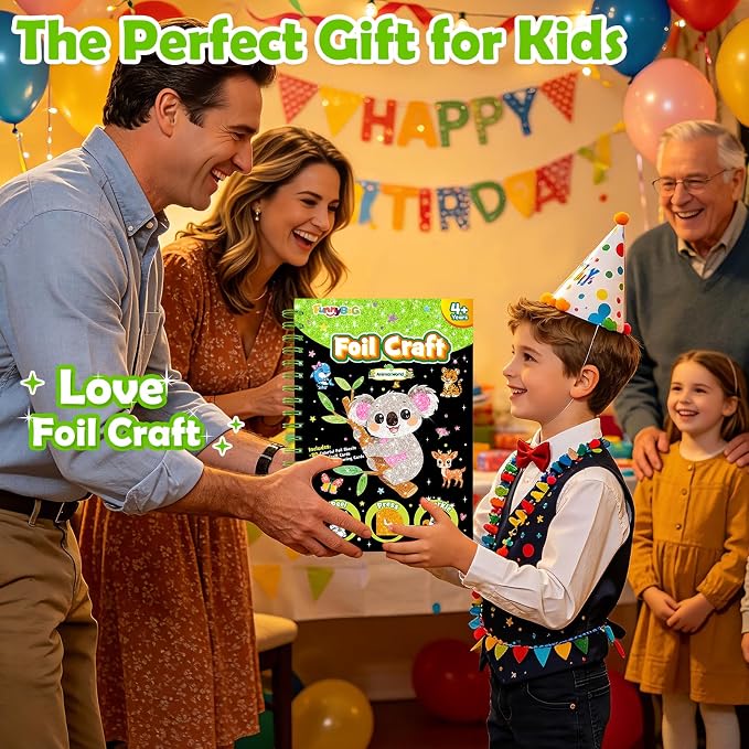 FUNNYB&G Foil Art Craft Kit for Kids 4-10 Years Old: Mess-Free & No-Glue, Create 16 Sparkly Animal World Pictures – Perfect Travel Toy & Birthday Gift for Kids (Animal World)