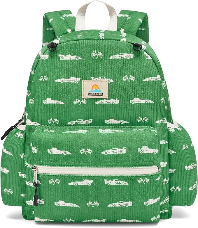 STEAMEDBUN Corduroy Kids Backpack for Girls and Boys 5-8: Girls Backpack for Elementary Kindergarten - 15 inch Cute Backpacks for Kids - Green Racing