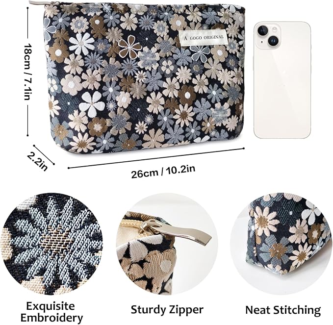 STARDW Cute Floral Makeup Bag Organizer Travel Cosmetic Pouch for Women | Aesthetic Cosmetic Bag with Zipper, Large Capacity Travel Toiletry Bag, Purse Organizer Pouches, Canvas Lining