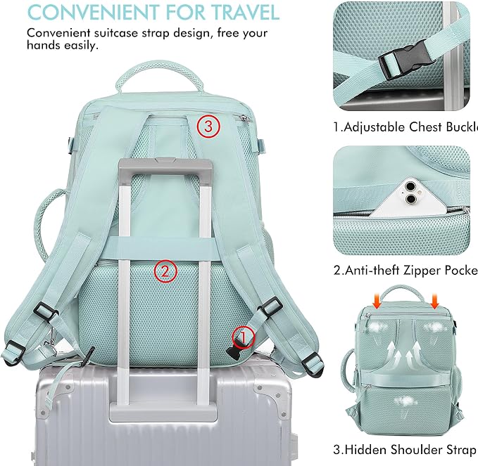 Beraliy Travel Backpack for Women, TSA Carry On Backpack Airline Approved | 16 Inch Laptop Waterproof Hiking Backpack, Casual Outdoor Daypack Bag for College Weenkender Business, Mint Green