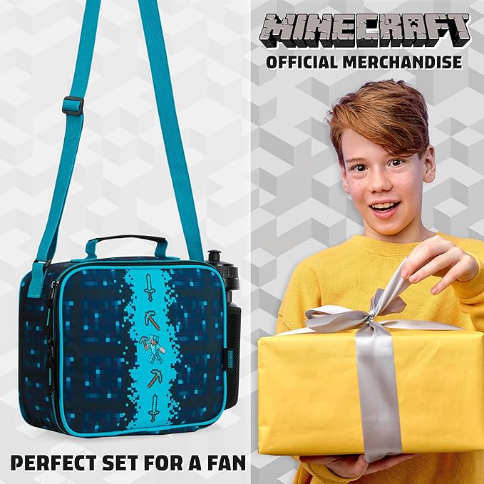 Minecraft Insulated Lunch Bag for Kids Creeper Lunchbox for Boys School Supplies Food Carrier Snacks Picnic Beach Days Travel Gamer Gifts for Kids (Blue/Black)