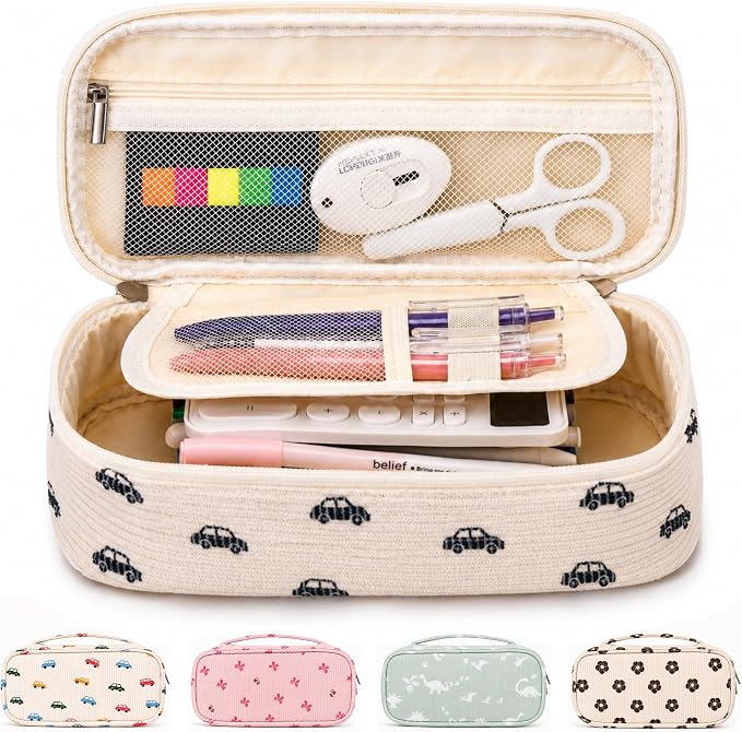 Big Capacity Pencil case,Soft Corduroy Pencil Bag,Cute Pen Case with Handle,5 Compartments, Wide Opening Pen Pouch Organizer for Teen Girls Women (Black Car)