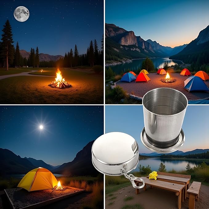 GANPUB 1Pc Silver Stainless Steel Folding Camping Mug Collapsible Portable Cup with Keychain for Outdoor Activities Hiking Picnic(Large), Camp Kitchen