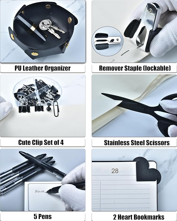 Black Desk Accessories, Office Supplies 360°Pen Holder Desk Organizers, With Tape Dispenser, Stapler, Staple Remover, Ect, Elevate Your Workspace With Sleek Black Sophistication, Back to School
