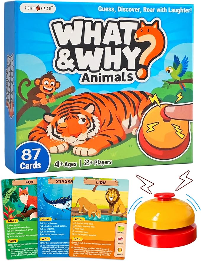 rokt&razo, What&Why? 87 Jumbo Cards with the Bell, Guess the Animal Card Game, Fun Educational Trivia Game for Kids & Family, 3 Difficulty Levels, Stocking Stuffer, for Home, School & Travel, Ages 4+
