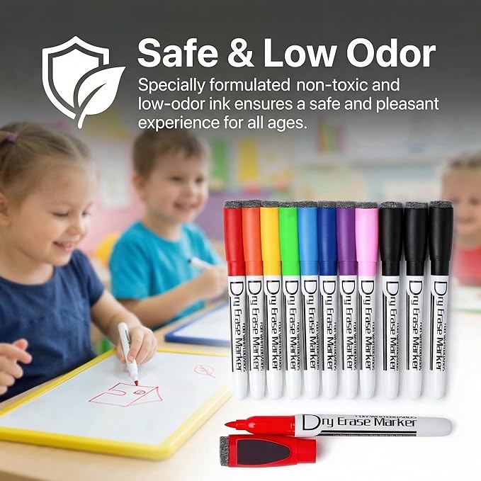 Volcanics Magnetic Dry Erase Markers With Eraser Fine Tip Low Odor Thin Whiteboard Markers for Small White Board Markers Dry Erase Pack of 24,10 Colors