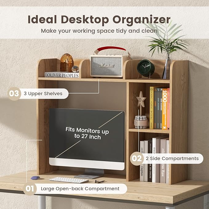 Giantex Desktop Bookshelf, Wood Desk Hutch Organizer for 27 Inch Computer Monitor, Countertop Storage Display Rack with 5 Shelves, Multipurpose Desktop Shelf Bookcase for Dorm Office Home, Natural