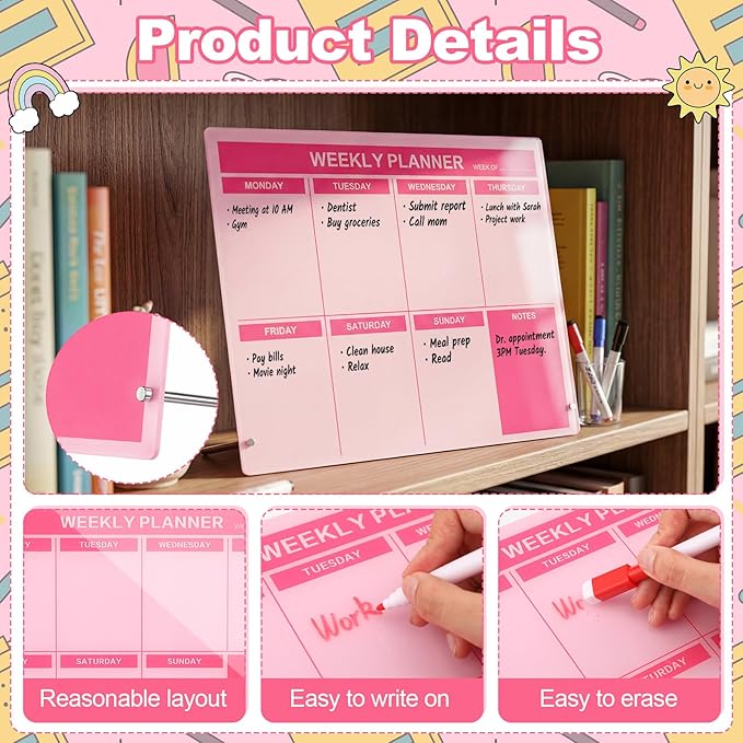 Desktop Acrylic Weekly Planner Board Acrylic Calendar Dry Erase Board with Stand to Do List Planner Boards with Daily Schedule and Markers for Family Home Office(Pink)