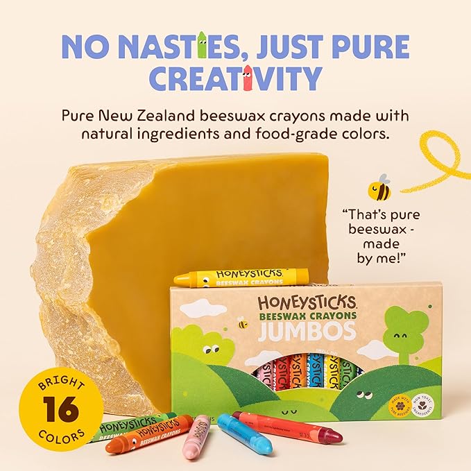 Honeysticks Jumbo Crayons (16 Pack) - Non Toxic Crayons - 100% Pure Beeswax and Food Grade Colors - 16 Bright Colors - Large, Easy to Hold and Use - Preschool Art Supplies for Toddlers/Kids 3-5, 4-8
