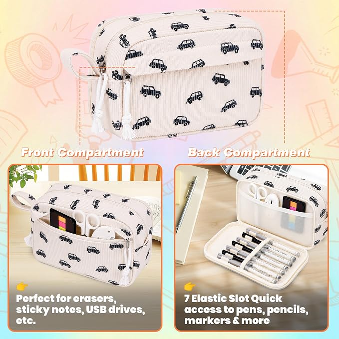 Big Capacity Pencil case,Soft Corduroy Pencil Bag with 3 Compartment,Pencil Pouch School Supplies Cute Pencil Box Pencil Bag for Teen Girls Boys College (Black Car)