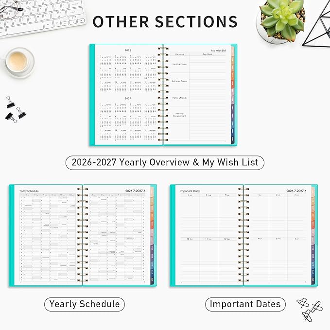 RETTACY Academic Planner 2026-2027, Weekly and Monthly, July 2026 - June 2027, Medium Size (5.7" x 8.3"), Calendar, Agenda, 12-Month Tabs, for Student, Teacher, School (Tiffani Blue)