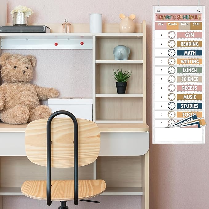 JarThenaAMCS Modern Boho Daily Schedule Pocket Chart 13 x 35.5 In Back to School 13 + 1 Pocket Visual Schedule Chart Board with 24 Card for Home Classroom Office Supplies
