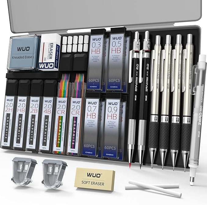 WUO 38PCS Art Mechanical Pencil Set with Storage Case, Metal Drawing Pencil | 0.3, 0.5, 0.7, 0.9 & 2PCS 2mm (2H HB 2B 4B Color) & 552 Lead Refills, 1 Eraser Pen, Artist Pencils for Sketching, Drafting