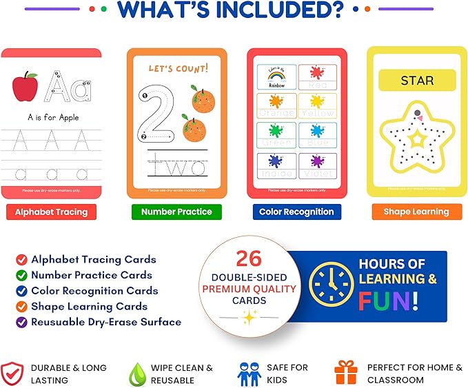Alphabet & Number Handwriting Tracing Cards – Reusable Large Dry Erase ABC, Numbers. Shapes & Colors | Upper & Lowercase Writing Practice | Montessori Learning for Toddlers, Preschool & Kindergarten