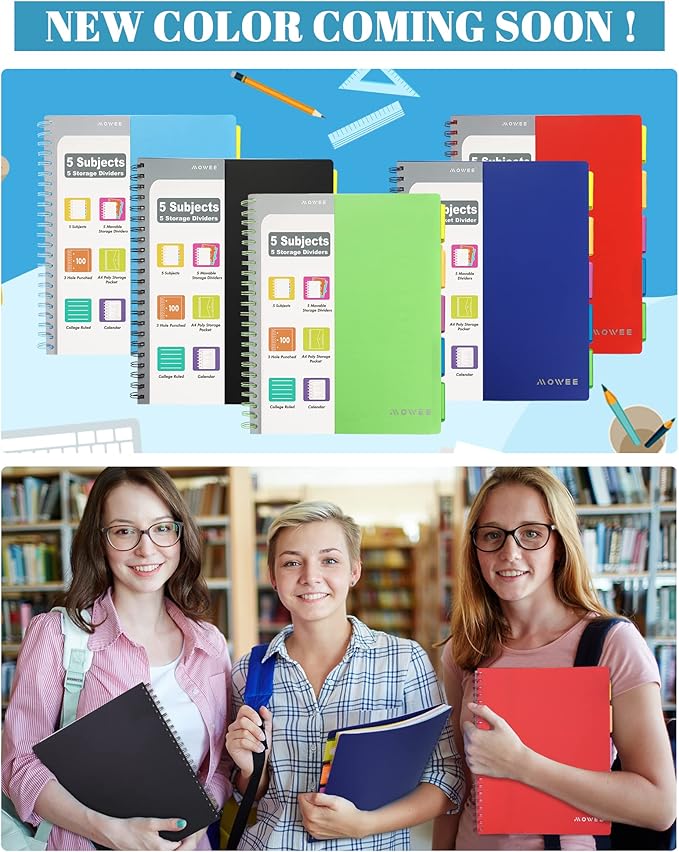 Spiral Notebook - 5 Subject Notebook, College Ruled Notebook 3-Hole Punched With Dividers, Storage Pockets, 11" Ruler, 100 Sheets of 200 Pages, for Writing Journal, Home &Office, School