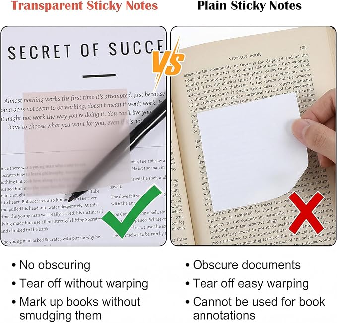 Grevosea 200 Pcs Transparent Sticky Notes 3x3 Inch, Clear PET Self-Adhesive Waterproof Note Pads, Translucent Sticky Notes for Bible Journaling Book Tabs Office School Aesthetic Decor