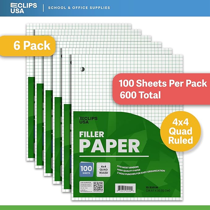 Graph Paper Loose Leaf Paper Quad Ruled Notebook Paper Quad Ruled 4” x 4” Square Lined Writing Filler Paper 10.5” x 8” 600 Sheets 100 Sheets Per Pack 60 gsm (6 Pack)