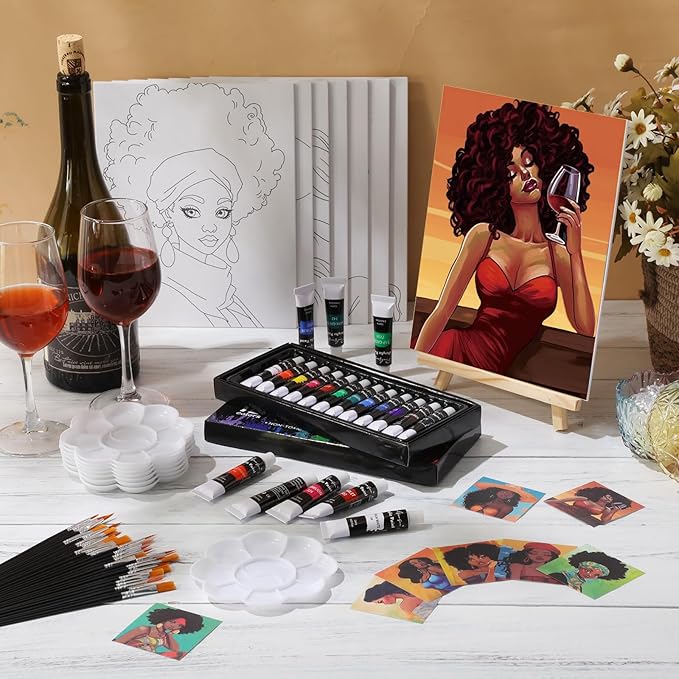 Cholemy 36 Pcs Paint and Sip Kit for Adults 8''x10'' Pre Drawn Canvas for Painting DIY Afro Acrylic Painting Kit Wood Easel Brushes Date Night Bulk for Father's Day Party Gifts(Fashion Women)