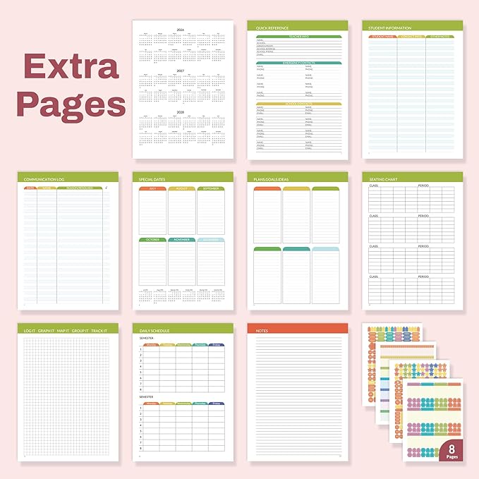 SUNEE Deluxe Teacher Planner 2026-2027, Lesson Planner Book with 7 Periods Jul 2026 - Jun 2027, 8.5" x 11" Weekly and Monthly Organizers with Colorful Tabs, Planning Stickers,120gms Paper, Pink Marble