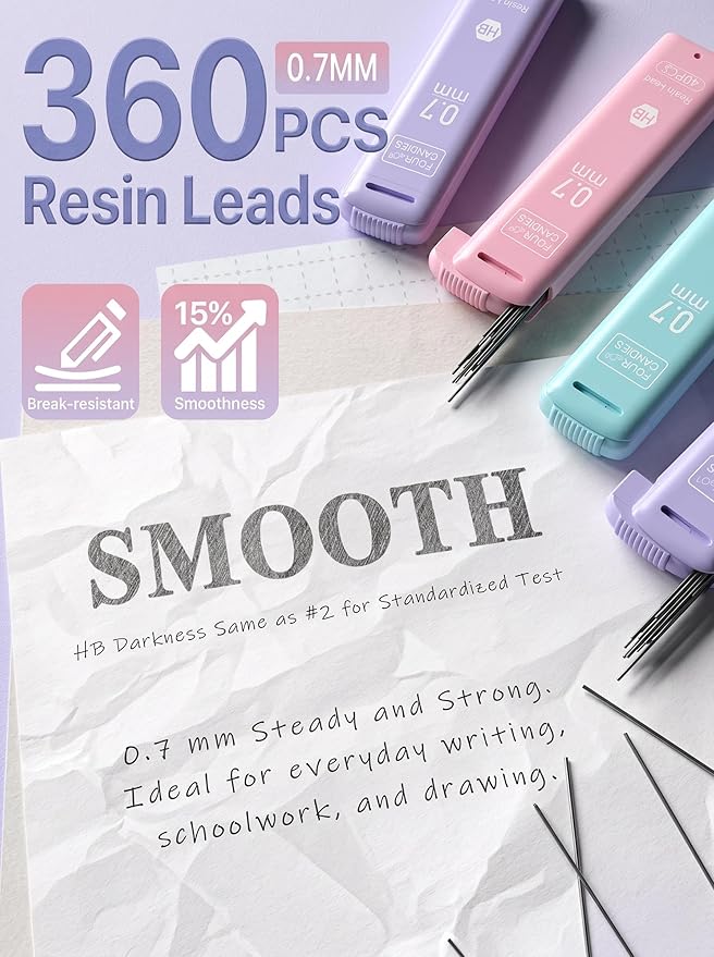 Four Candies 3PCS Cute Mechanical Pencils Set, 0.7mm with 360PCS Lead Refills, Pastel Erasers & Case, Clean Girl Aesthetic School Stuff for Teen Girls Everyday Writing and Schoolwork