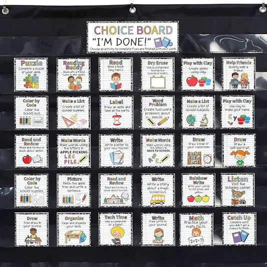 SATINIOR 32 Pcs Pocket Chart for Classroom Jobs Daily Schedule Pocket Chart 28 × 28 Inch When I'm Done Charts with Cards for Fast Finisher Activities K 2 School Teacher Back to School Must Haves