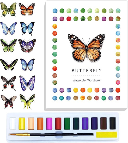 CraftyManor Watercolor Workbook Creative Insect Water color Paint Book Set with Paints & Brush, 12 Patterns of Original DIY Designs, Beginner-Friendly Adult Coloring Books (Butterfly)