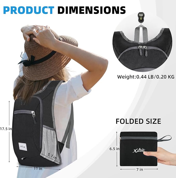 Xgunion Hiking Backpack 10L Lightweight Foldable (Black) | Small Travel Daypack, Packable Camping Backpack for Women Men
