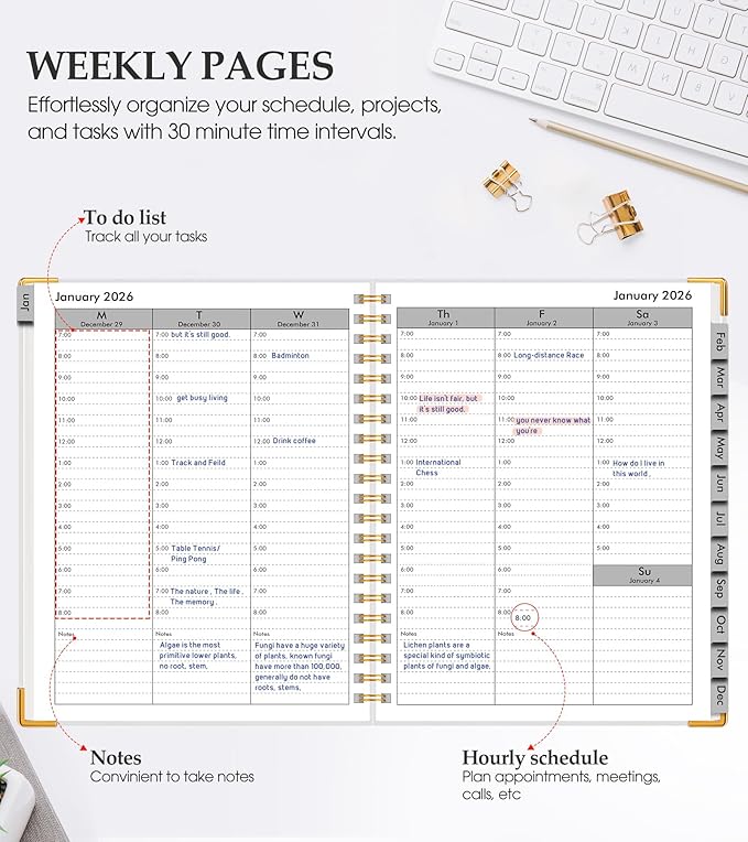 2026 Planner, Weekly and Monthly Calendar Planner from January 2026 - December 2026, 8.5" x 11" Hardcover Leather Hourly Appointment Book with Tabs, Spiral Daily Planners for College School Work Home, White