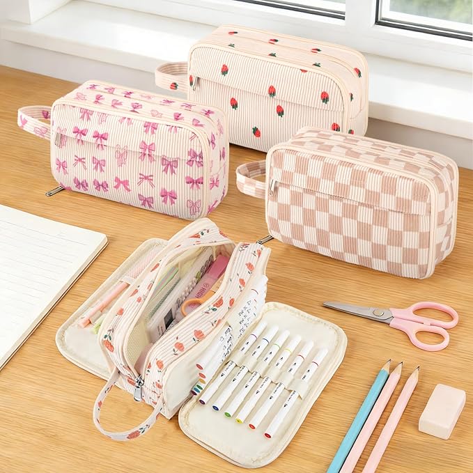 Cute Corduroy Pencil Case with Handle, Extra Large 4 Compartment Multiple Pockets Aesthetic Pencil Pouch Organizer for Teen Girls, School & College Supplies (Rose)