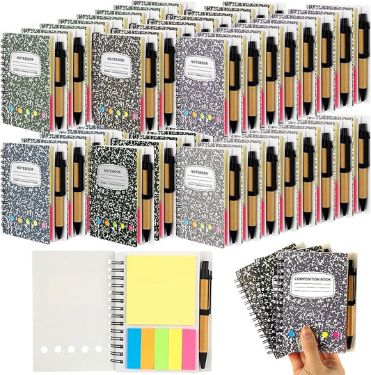 Dunzoom 24 Sets Spiral Notebook Bulk, Steno Pads Lined Notepad with Pen, Sticky Notes Colored Index Tabs, 5.2" x 4.1" Pocket Notebook for Home Business Office Supplies, 60 Sheets (Morandi)