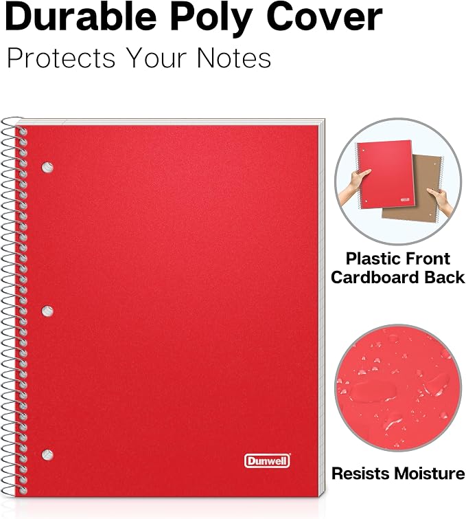 Dunwell 3 Subject Notebook College Ruled (Red), 150 Sheets (300 Pages), Spiral Notebook 8.5 x 11, Plastic Cover, 3 Pocket Divider Folders, 3-Hole Punched Perforated Paper