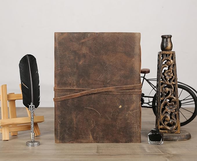 Leather Journal with Deckle Edge Paper 8x6 inch and Vintage Key | Handmade Writing Notebook Diary | Bound Daily Notepad for Men & Women Medium, Sketch/Writing pad for Artists